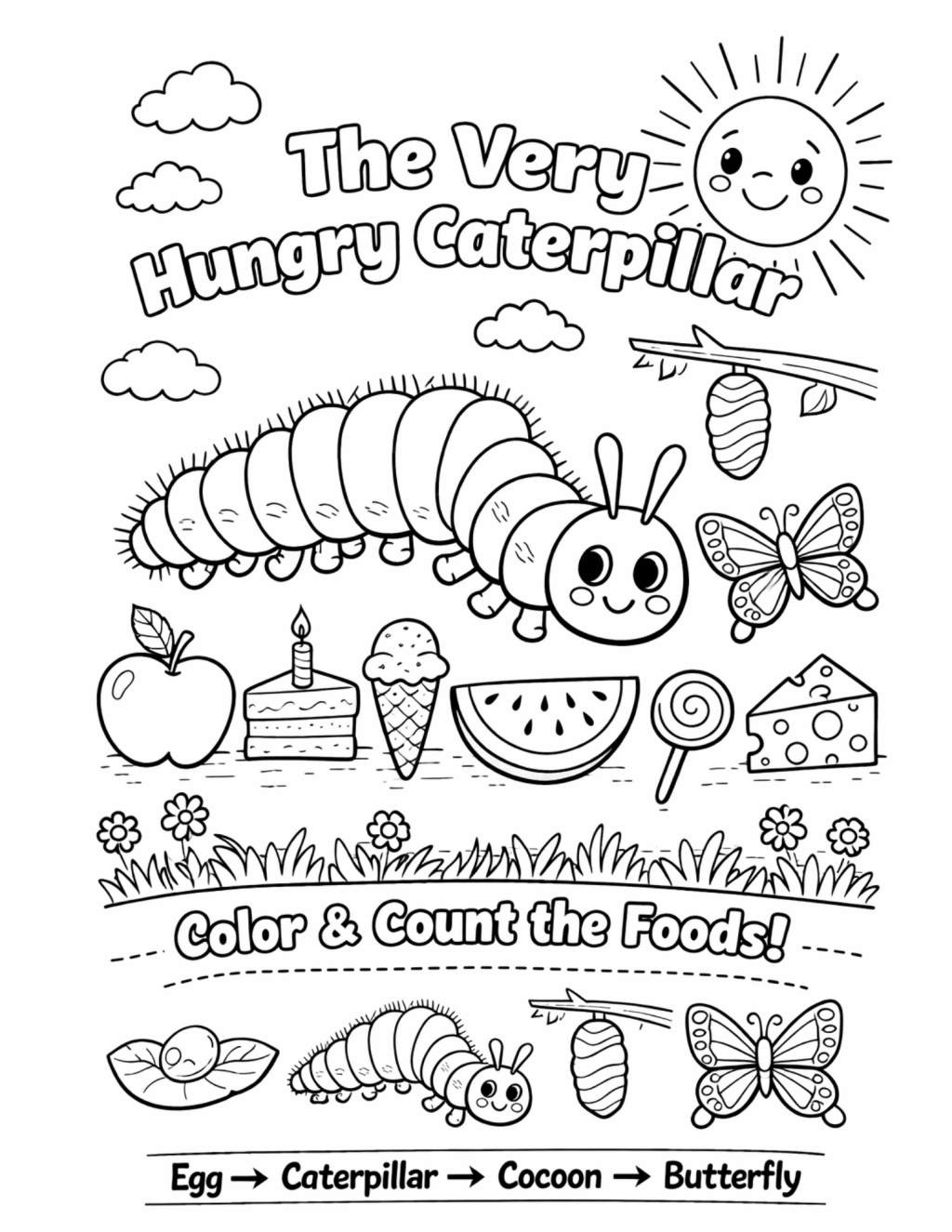 Black-and-white coloring page of a hungry caterpillar eating through fruits with simple outlines for kids