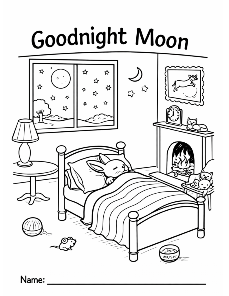 Black-and-white coloring page inspired by a cozy bedtime scene, featuring a child’s room with a moon visible through the window, designed for kids classroom or homeschool use