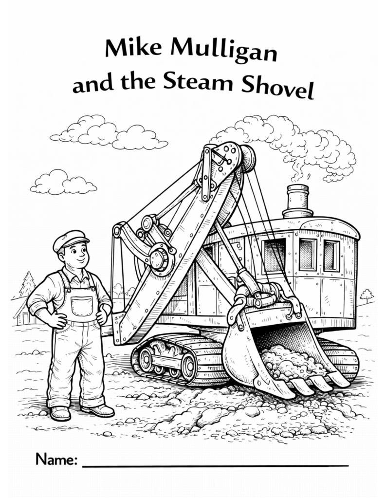 Black-and-white coloring page inspired by a steam shovel digging, designed for kids classroom or homeschool use, featuring a construction machine and simple ground elements