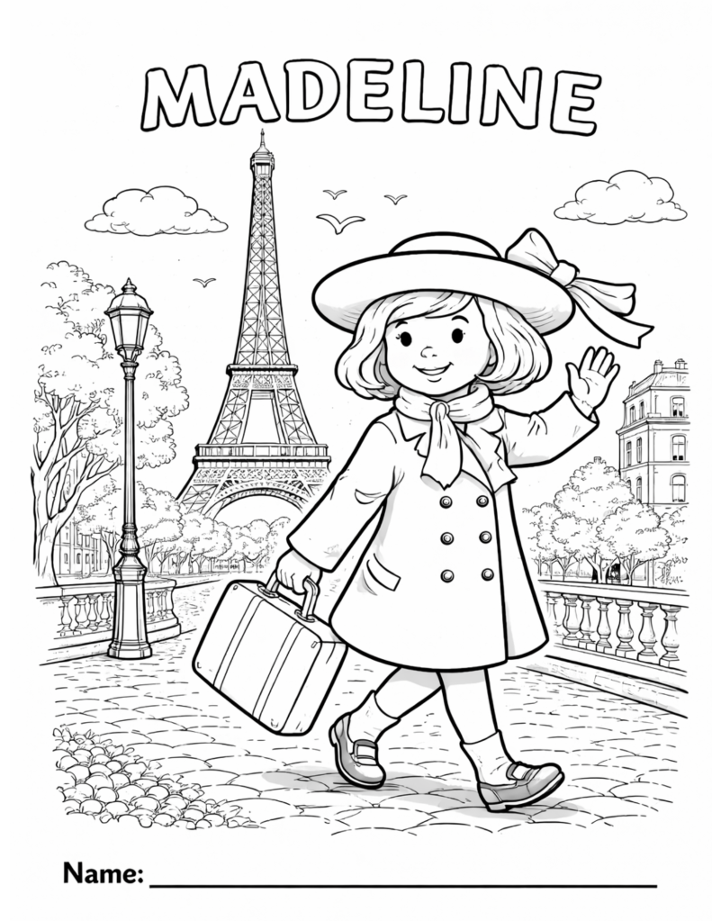 Black-and-white coloring page inspired by a young girl in a hat standing near a Paris landmark, designed for kids classroom or homeschool use