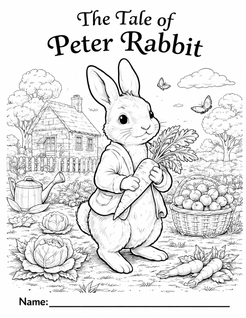 Black-and-white coloring page inspired by a rabbit in a garden setting, designed for kids classroom or homeschool use, featuring a bunny and simple vegetables
