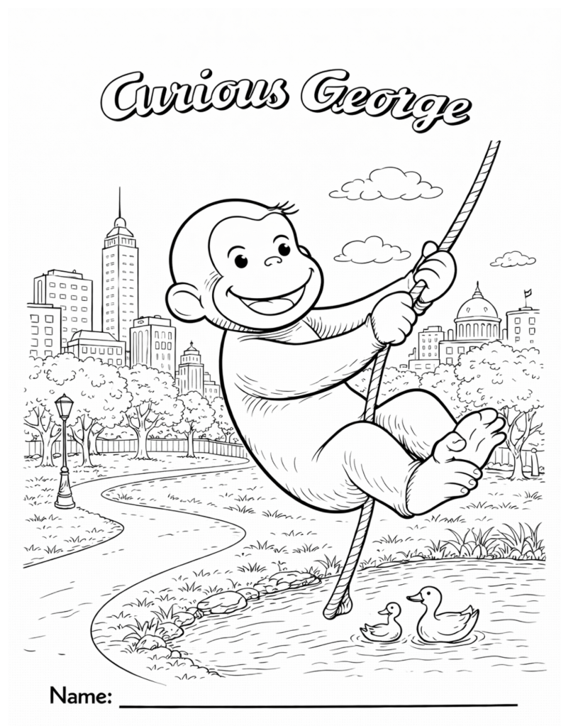 Black-and-white coloring page inspired by a playful monkey character, designed for kids classroom or homeschool use, featuring a simple and friendly monkey