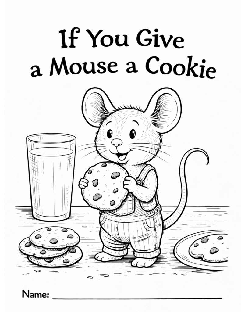 Black-and-white coloring page inspired by a mouse holding a cookie, designed for kids classroom or homeschool use, featuring a simple mouse and cookie elements