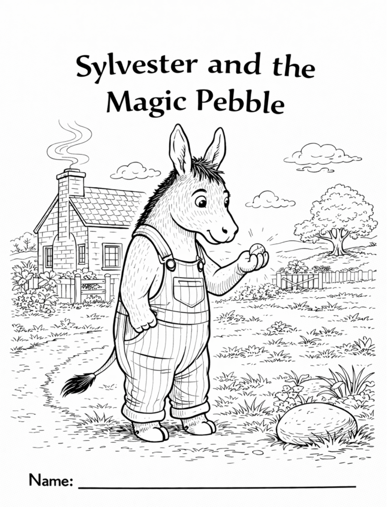 Black-and-white coloring page inspired by a donkey holding a small pebble, designed for kids classroom or homeschool use, featuring a simple animal character and nature elements
