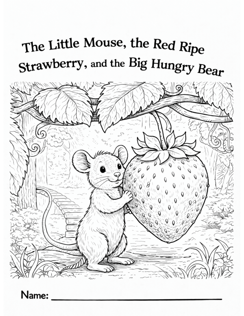 Black-and-white coloring page inspired by a mouse holding a large strawberry, designed for kids classroom or homeschool use, featuring simple fruit and animal elements