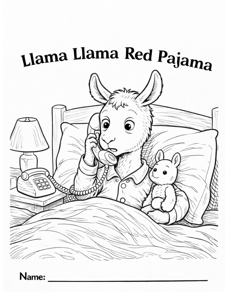 Black-and-white coloring page inspired by a baby llama in pajamas, designed for kids classroom or homeschool use, featuring a cozy bedtime scene