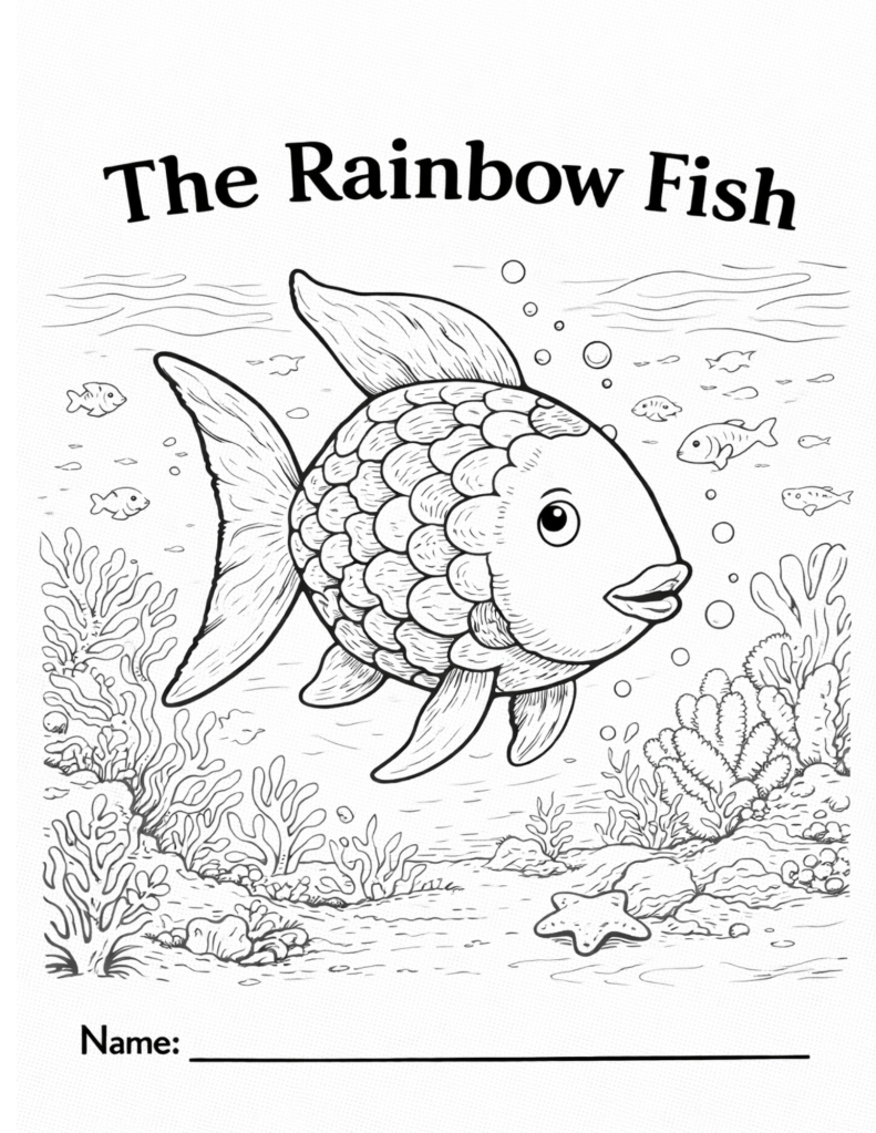 Black-and-white coloring page inspired by a fish with patterned scales, designed for kids classroom or homeschool use, featuring a simple ocean scene