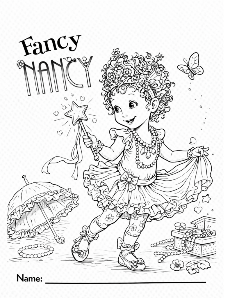 Black-and-white coloring page inspired by a stylish girl in a fancy outfit, designed for kids classroom or homeschool use, featuring dress-up elements and accessories