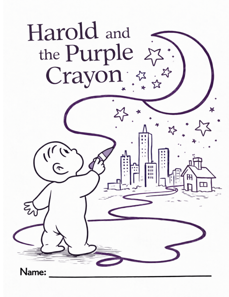 Black-and-white coloring page inspired by a child drawing with a crayon, designed for kids classroom or homeschool use, featuring simple imaginative lines and objects