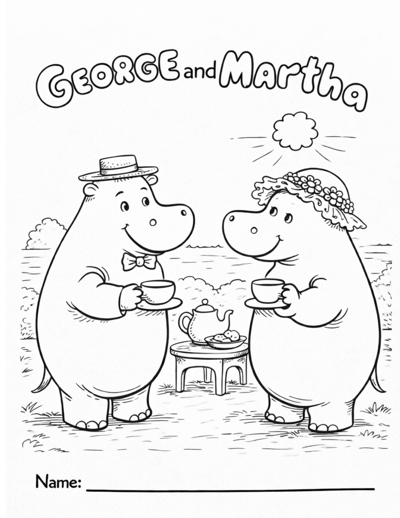 Black-and-white coloring page inspired by two friendly hippos standing together, designed for kids classroom or homeschool use, featuring simple animal characters