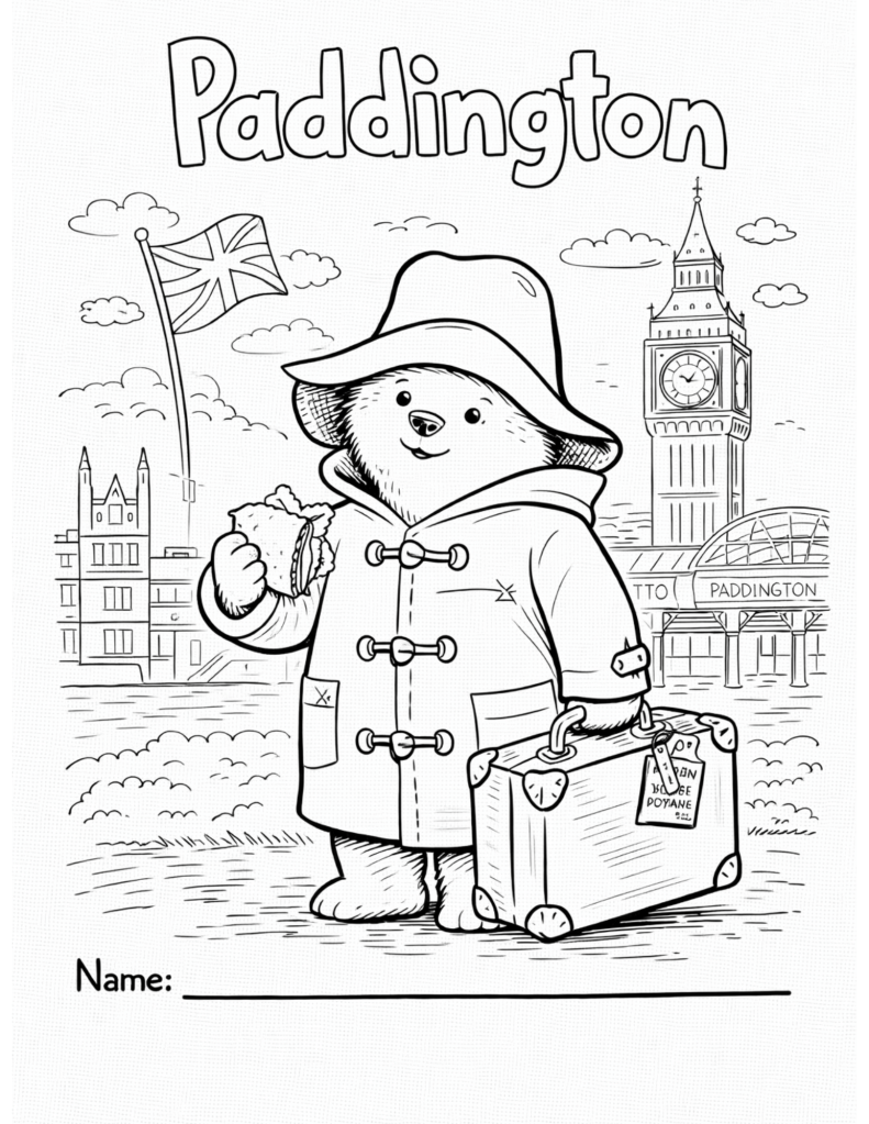 Black-and-white coloring page inspired by a bear wearing a coat and hat, designed for kids classroom or homeschool use, featuring a friendly bear character