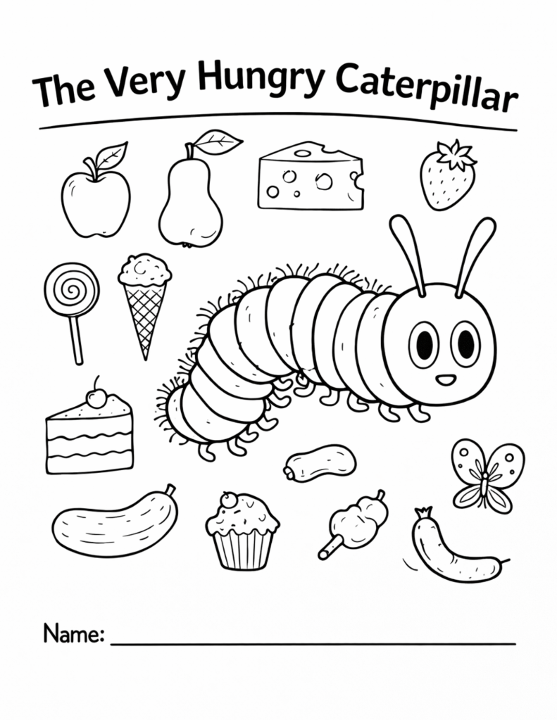 Black-and-white coloring page inspired by a caterpillar eating through food, designed for kids classroom or homeschool use, featuring a simple insect and food elements