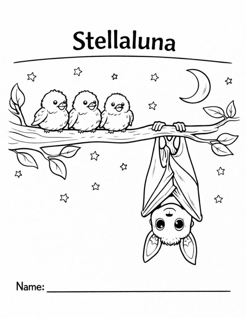 Black-and-white coloring page inspired by a bat hanging upside down from a tree branch, designed for kids classroom or homeschool use