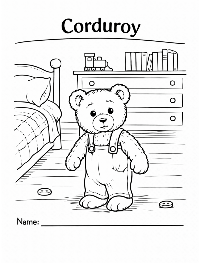 Black-and-white coloring page inspired by a teddy bear wearing overalls, designed for kids classroom or homeschool use, featuring a simple and friendly bear character