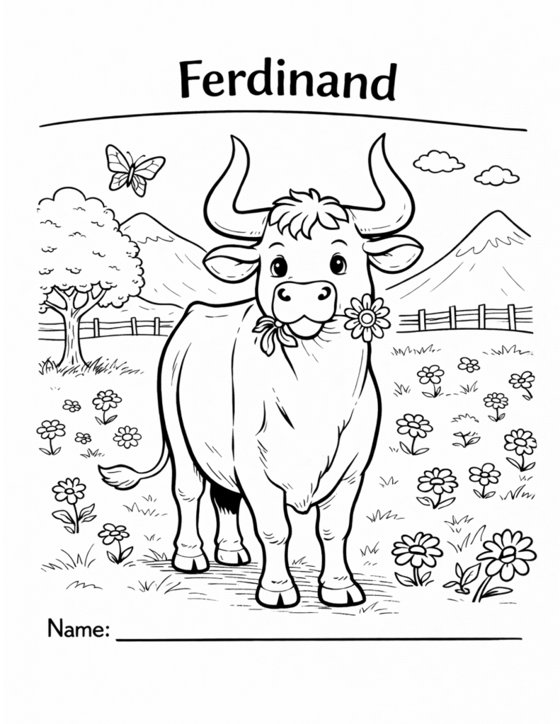 Black-and-white coloring page inspired by a gentle bull sitting peacefully among flowers, designed for kids classroom or homeschool use