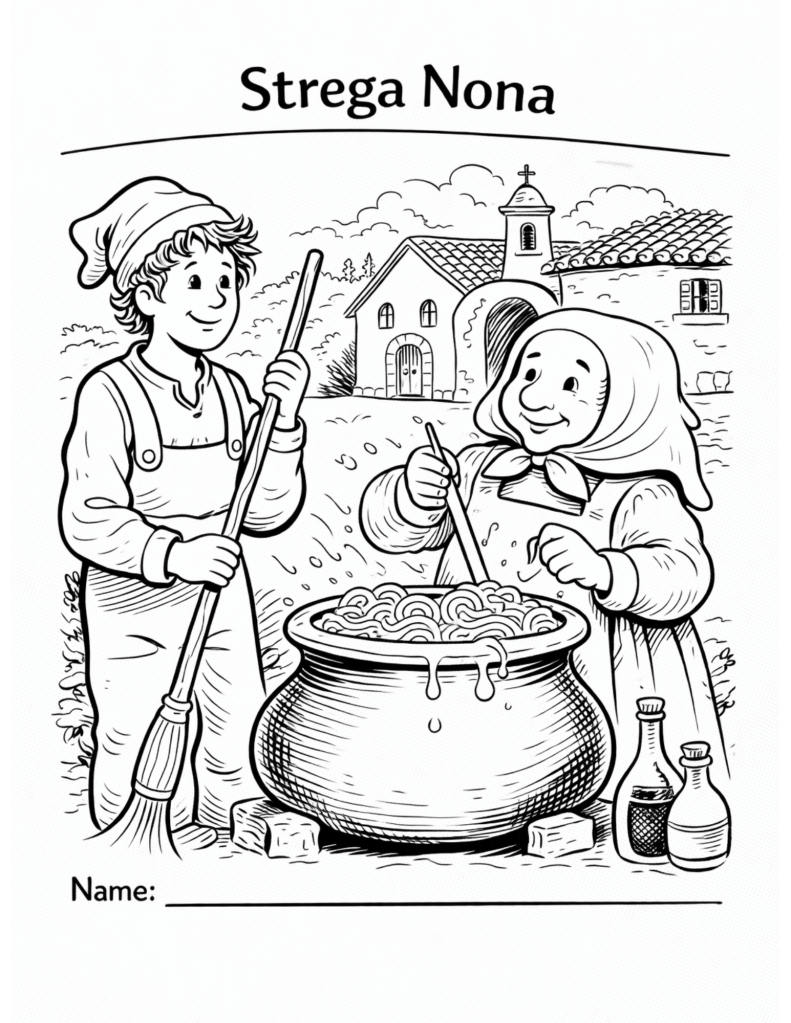 Black-and-white coloring page inspired by a kind old woman stirring a pot of pasta, designed for kids classroom or homeschool use, featuring simple kitchen and food elements