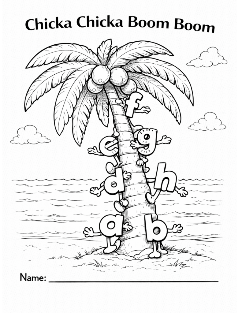 Black-and-white coloring page inspired by letters climbing a coconut tree, designed for kids classroom or homeschool use, featuring alphabet letters and a simple tree