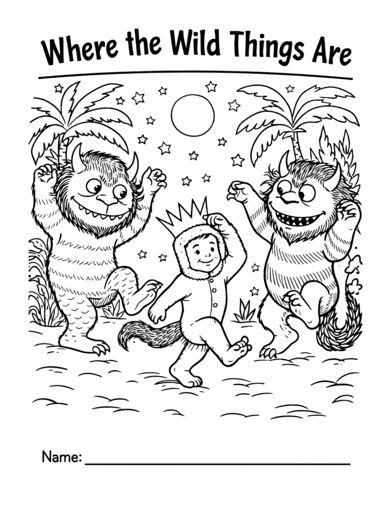 Black-and-white coloring page inspired by a wild adventure story, featuring a child wearing a crown surrounded by imaginative forest creatures, designed for kids classroom or homeschool use