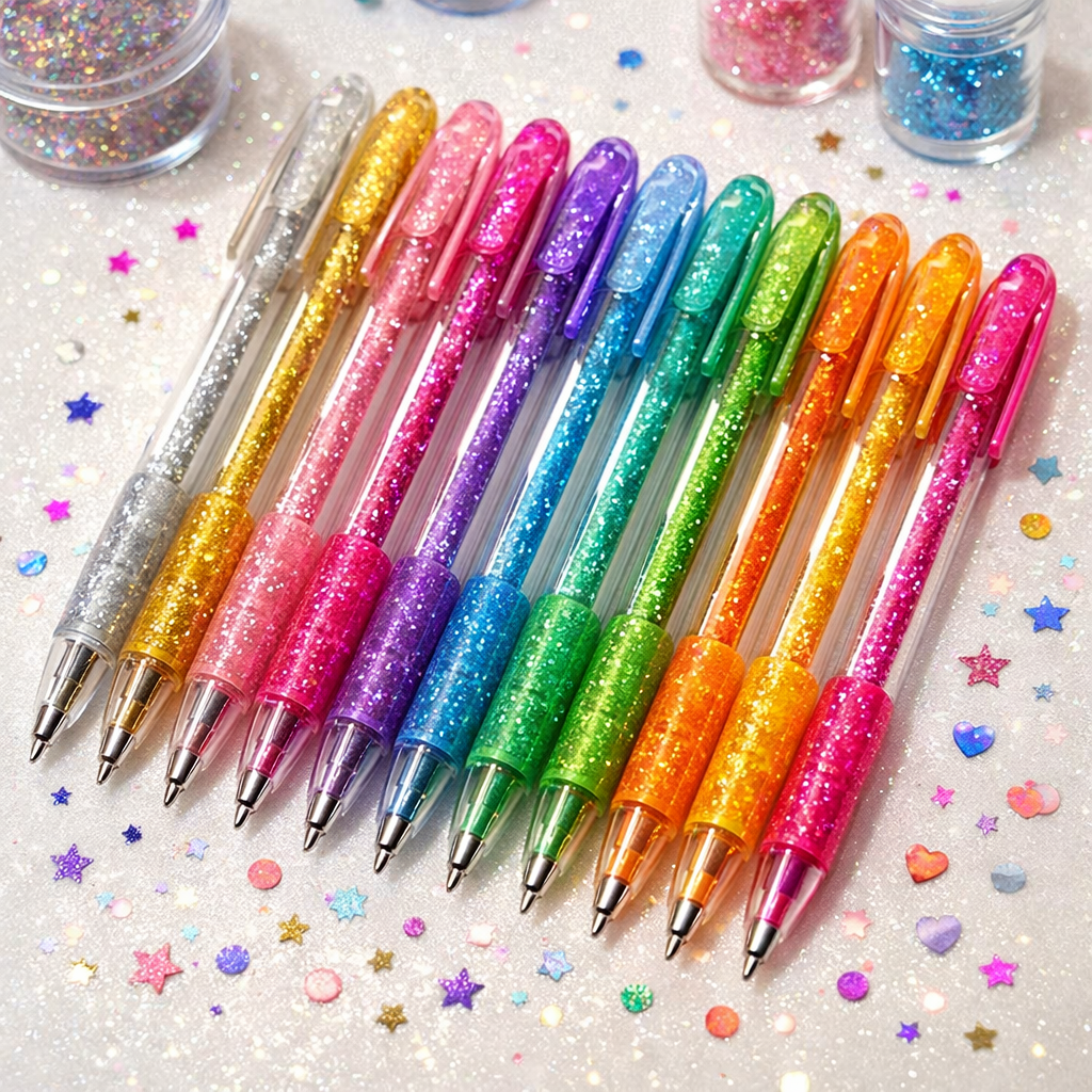 Twelve glitter gel pens in silver, gold, pink, purple, blue, green, orange, and red colors