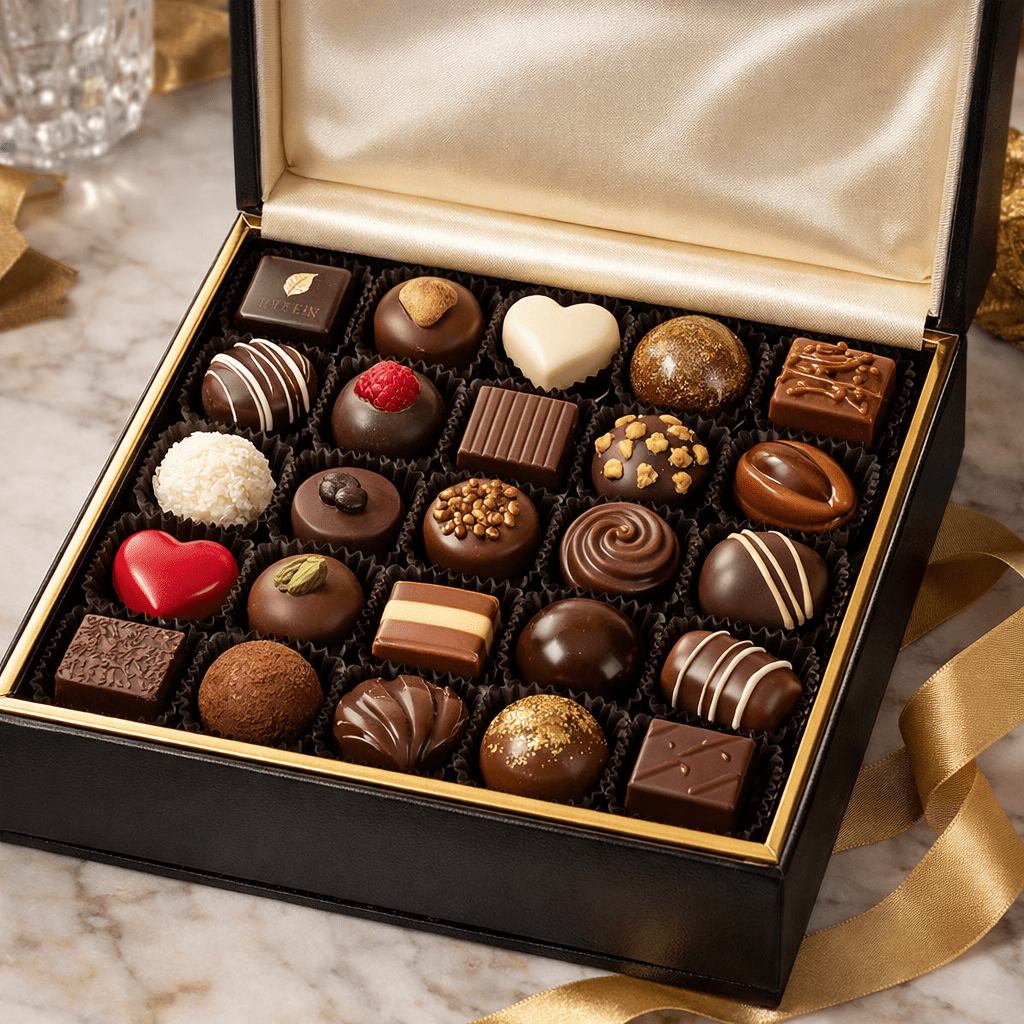 Assorted gourmet chocolates arrayed in a black box with gold lining