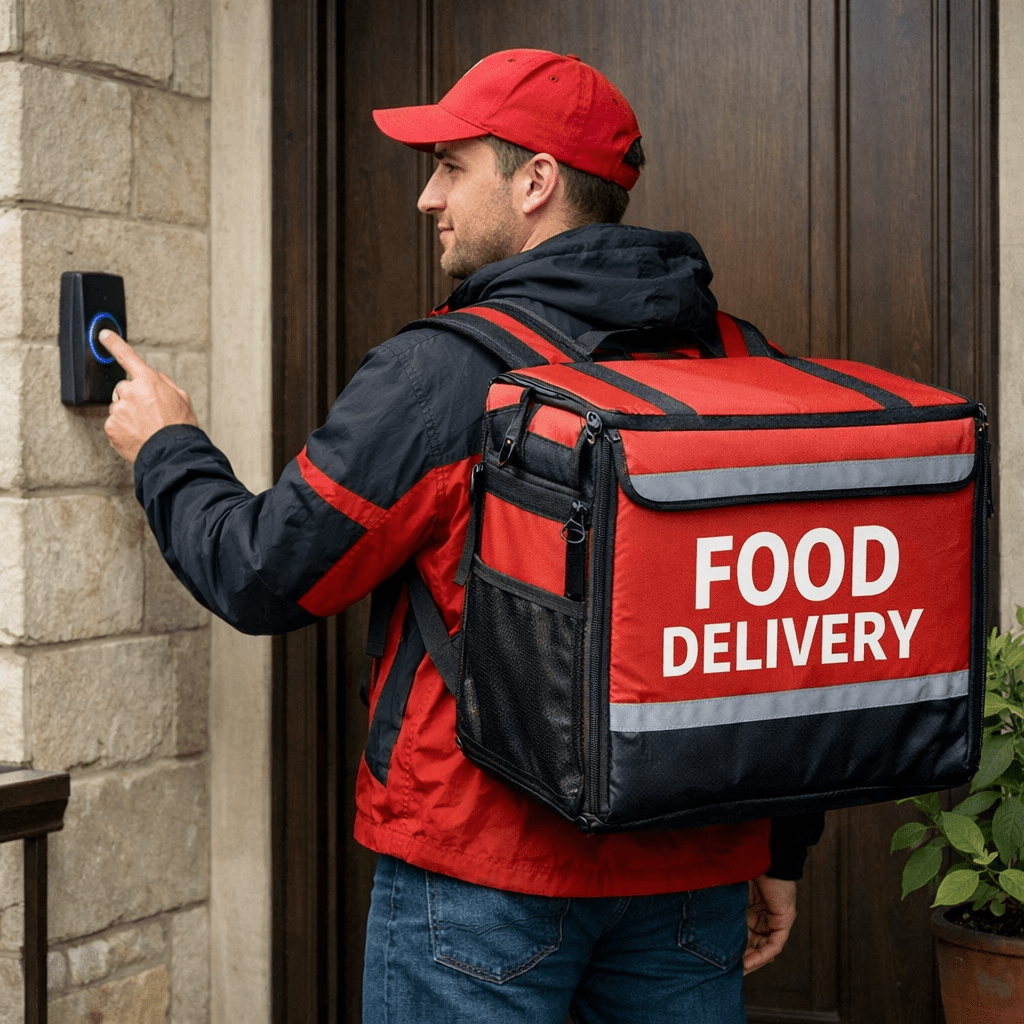 Food delivery courier with red and black bag pressing doorbell