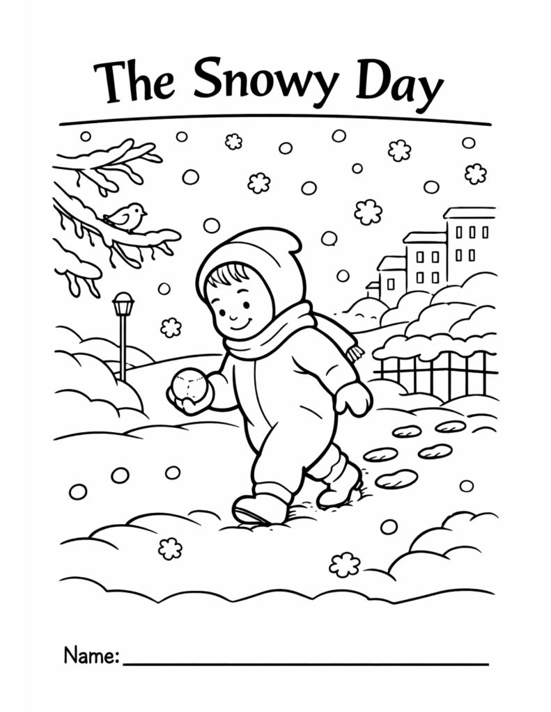 Black-and-white coloring page inspired by a snowy winter day, featuring a child in winter clothes walking through snow, designed for kids classroom or homeschool use